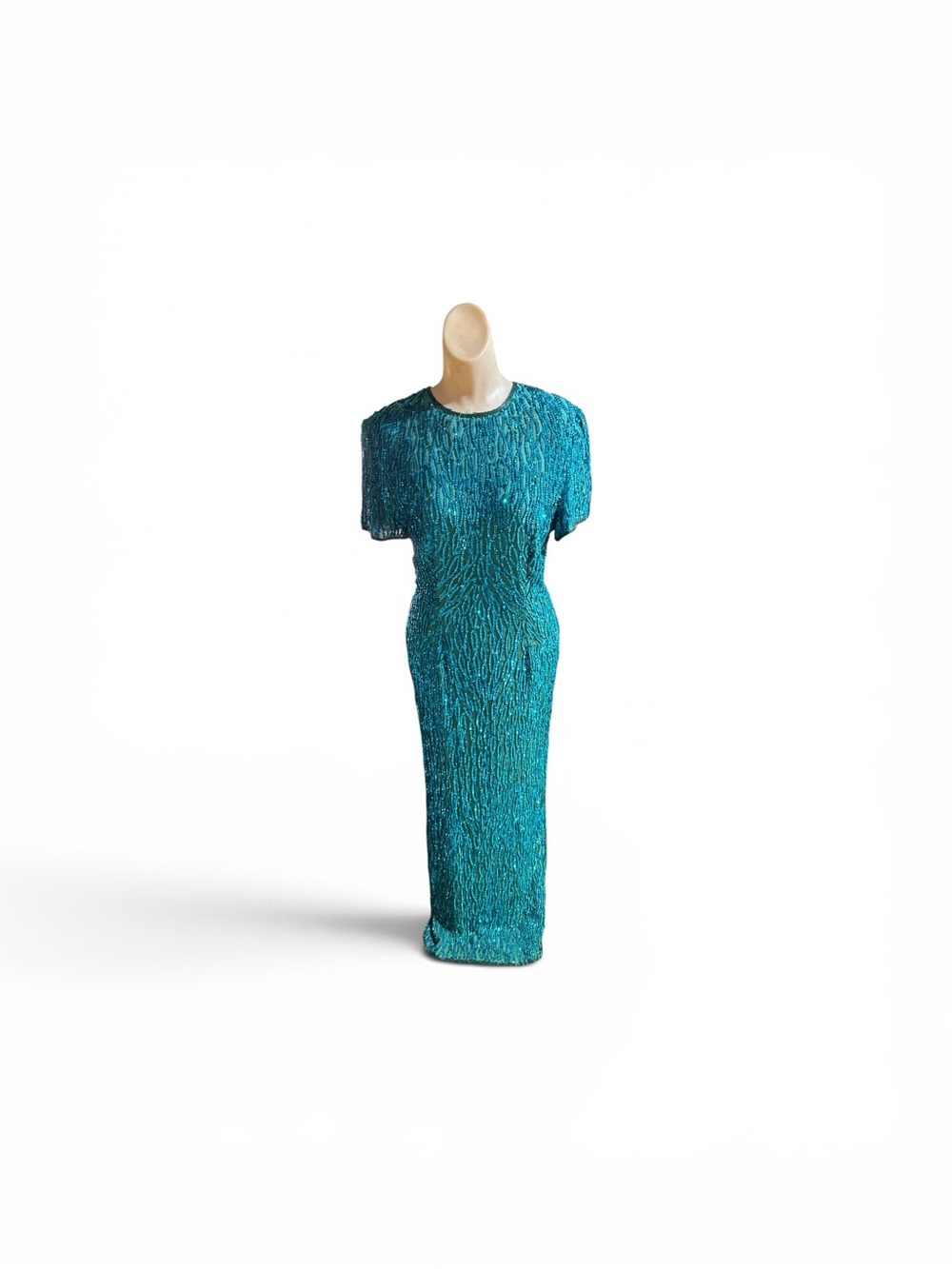 Vintage NOS 1980s Long Aqua Stenay Beaded 100% Silk Formal Cocktail Maxi Gown M
